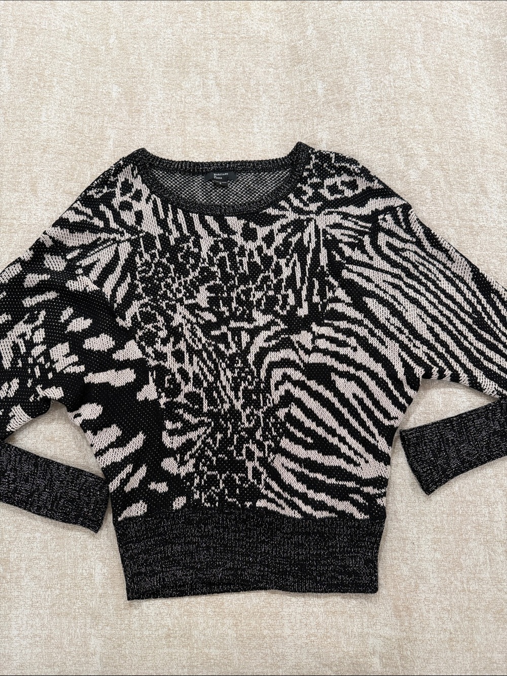 Black and Cream Animal Print Women's Sweater - Stylish Knit Pullover